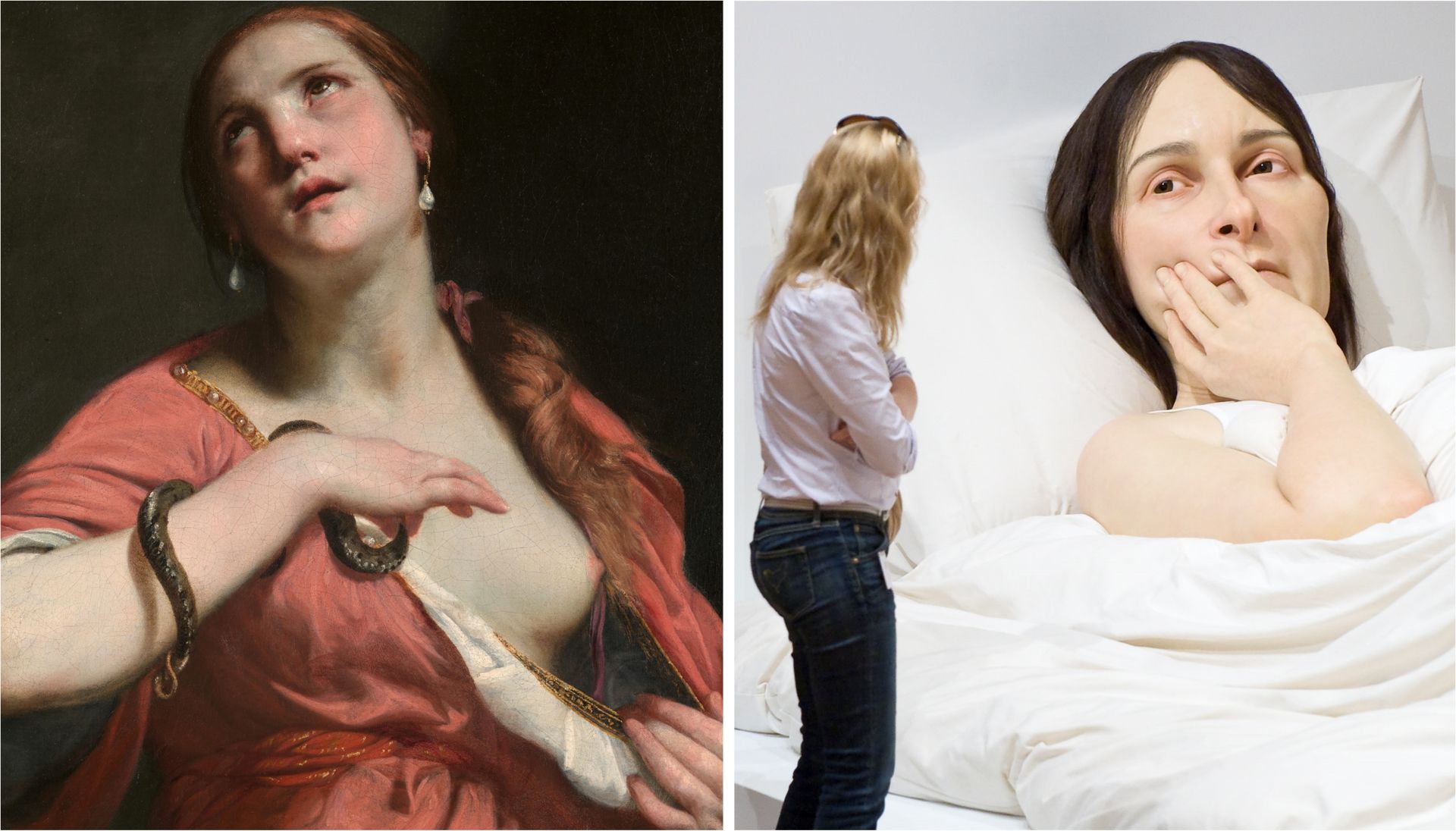 Left: Guido Cagnacci / The Death of Cleopatra detail) c.1645–55 / Oil on canvas / 95 x 75cm / Purchase, Diane Burke Gift, Gift of J Pierpont Morgan, by exchange, Friends of European Paintings Gifts, Gwynne Andrews Fund, Lila Acheson Wallace, Charles and Jessie Price, and Álvaro Saieh Bendeck Gifts, Gift and Bequest of George Blumenthal and Fletcher Fund, by exchange, and Michel David-Weill Gift, 2016 / 2016.63 / Collection: The Metropolitan Museum of Art, New York. Right: Ron Mueck / In bed (detail) 2005 / Mixed media / Purchased 2008. Queensland Art Gallery Foundation / Collection: Queensland Art Gallery | Gallery of Modern Art/ Photograph: Natasha Harth, QAGOMA / © The artist