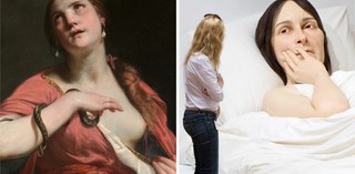 Left: Guido Cagnacci / The Death of Cleopatra detail) c.1645–55 / Oil on canvas / 95 x 75cm / Purchase, Diane Burke Gift, Gift of J Pierpont Morgan, by exchange, Friends of European Paintings Gifts, Gwynne Andrews Fund, Lila Acheson Wallace, Charles and Jessie Price, and Álvaro Saieh Bendeck Gifts, Gift and Bequest of George Blumenthal and Fletcher Fund, by exchange, and Michel David-Weill Gift, 2016 / 2016.63 / Collection: The Metropolitan Museum of Art, New York. Right: Ron Mueck / In bed (detail) 2005 / Mixed media / Purchased 2008. Queensland Art Gallery Foundation / Collection: Queensland Art Gallery | Gallery of Modern Art/ Photograph: Natasha Harth, QAGOMA / © The artist