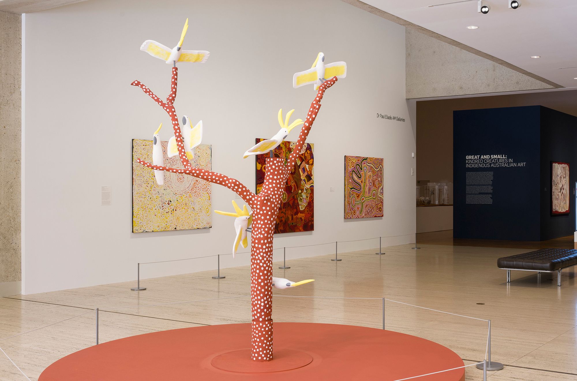 Keith Wikmunea, Wik-Mungkan/Wik-Alkan people, Queensland Australia b.1967 / Theewith Yot. A! | Lots of White Cockatoo 2024 / Natural earth pigments with synthetic binders on carved milkwood / 250 x 170.7 x 80cm / Purchased 2024 with funds from the Bequest of Noela Clare Deutscher, in memory of her parents, A. Evans Deutscher and Clare Deutscher, through the QAGOMA Foundation / Collection: Queensland Art Gallery | Gallery of Modern Art / © Keith Wikmunea / Photograph: C Callistemon © QAGOMA