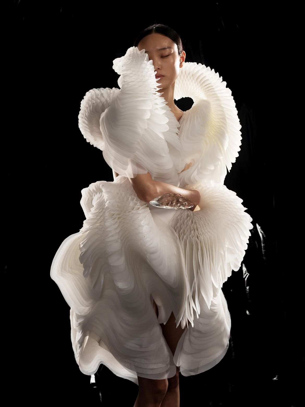 Iris van Herpen, Netherlands b.1984 / Morphogenesis dress, from the ‘Sensory Seas’ collection 2020 / Laser-cut screenprinting mesh, duchesse stain, laser-cut Plexiglas / Collaborator: Philip Beesley / Collection: Iris van Herpen / © & photograph: David Uzochukwu