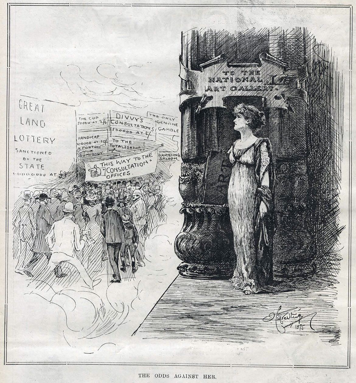 THE ODDS AGAINST HER / Cartoon in the Queenslander, 13 April 1895