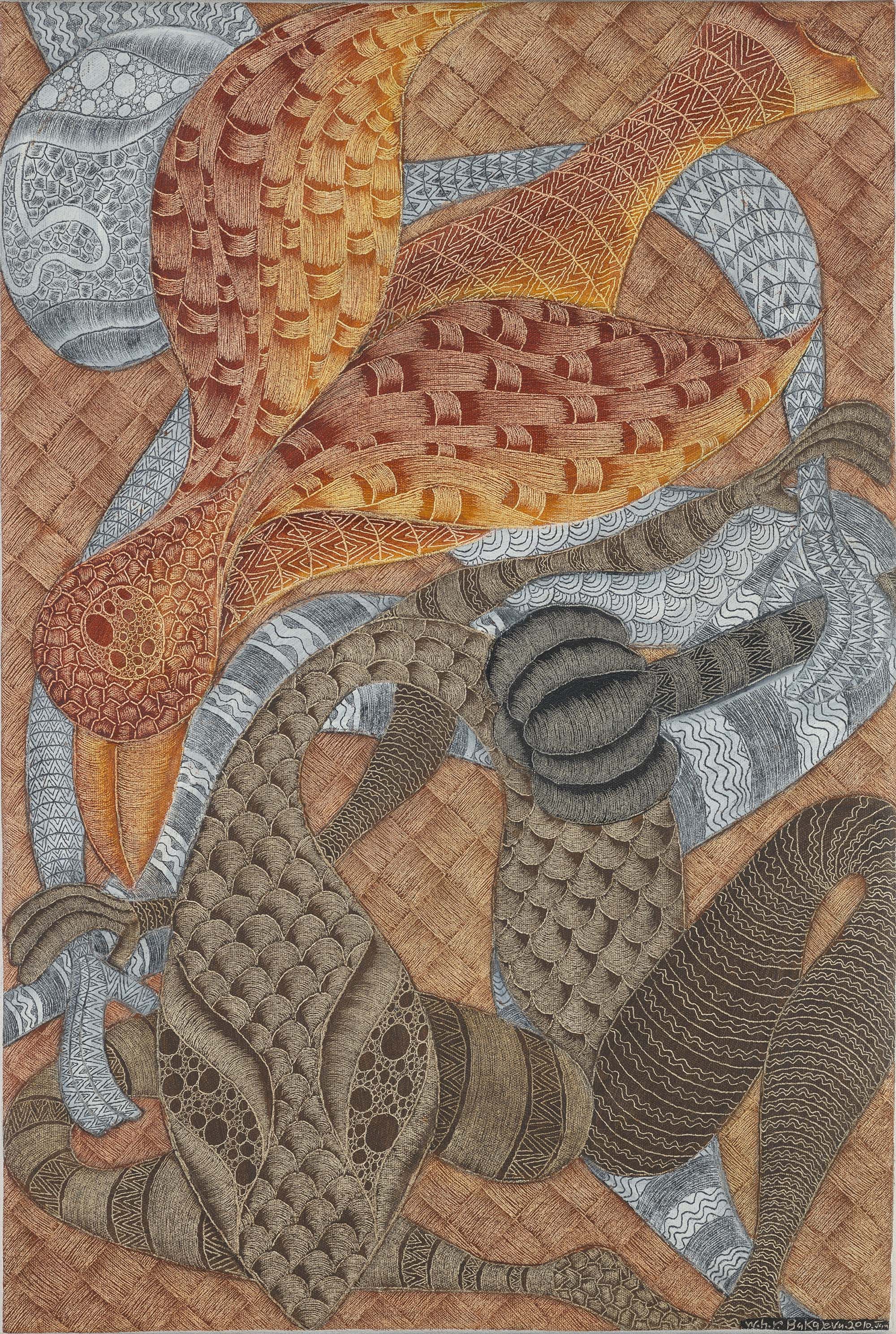 William Bakalevu, Fiji b.1961 / The legend of the birds of Nacilau 2010 / Oil on canvas / 64 × 46cm (unstretched) / Gift of Bruce Sowter through the QAGOMA Foundation 2023 / Collection: Queensland Art Gallery | Gallery of Modern Art / © William Bakalevu