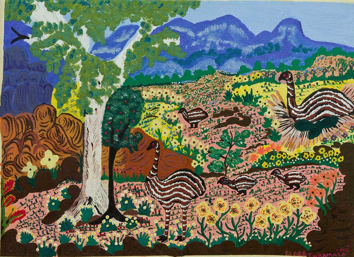 Clara Inkamala, Arrernte people, Australia b.1954 / (Emu and chicks) 2002 / Synthetic polymer paint on Belgian linen / 51.1 x 70.5cm / Purchased 2003 with funds from Margaret Mittelheuser AM through the Queensland Art Gallery Foundation / Collection: Queensland Art Gallery | Gallery of Modern Art / © Clara Inkamala
