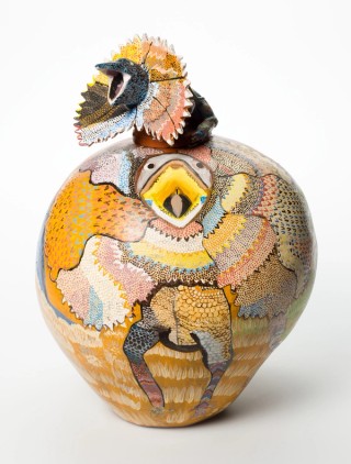 Hermannsburg Potters, Northern Territory, Australia est. 1990 / Rahel Ungwanaka, Arrernte/Luritja people, Australia b.1946 / Ankarta (Frill-necked lizard) 2005 / Earthenware, hand-built terracotta clay with underglaze colours and applied decoration / 39 x 26cm (diam.) (complete);pot: 28 x 26cm (diam.);lid: 12 x 17.5 x 13cm / Purchased 2006. QAG Foundation / Collection: Queensland Art Gallery | Gallery of Modern Art / © Rahel Ungwanaka