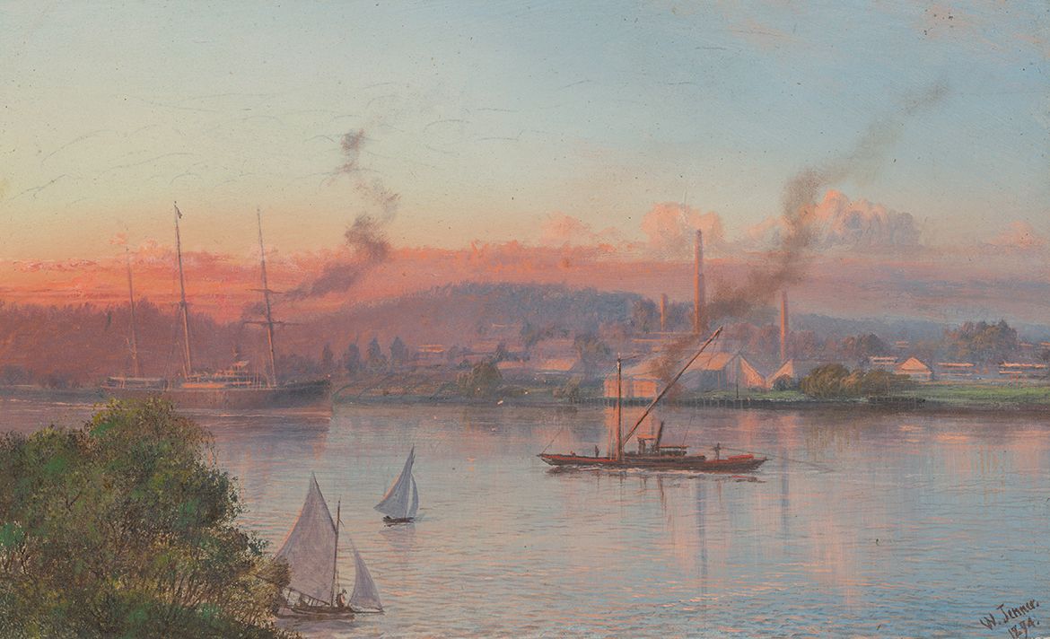 Isaac Walter Jenner, England/Australia 1836-1902 / Brisbane River, Bulimba Reach 1894 / Oil on cardboard / 12.8 x 20cm / Acc. 2004.194.002 / Gift from the Estate of Dr Elizabeth (Pat) Marks through the Queensland Art Gallery Foundation 2004. Donated through the Australian Government’s Cultural Gifts Program / Collection: Queensland Art Gallery | Gallery of Modern Art