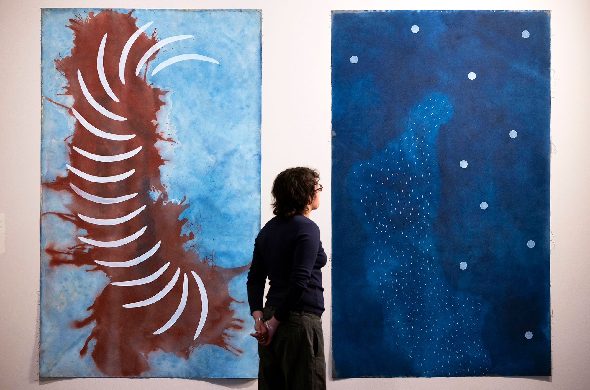 ‘Rising Voices: Contemporary Art from Asia, Australia and the Pacific’, installation view, Victoria & Albert Museum, London 2026, including Judy Watson’s (l-r) memory bones 2007 and passing from the edge of memory to the night sky 2007 / The James C. Sourris AM Collection. Gift of James C. Sourris through the QAG Foundation 2010. Donated through the Australian Government's Cultural Gifts Program / Collection: Queensland Art Gallery | Gallery of Modern Art / © Judy Watson/Copyright Agency / Photograph: David Parry, courtesy V&A