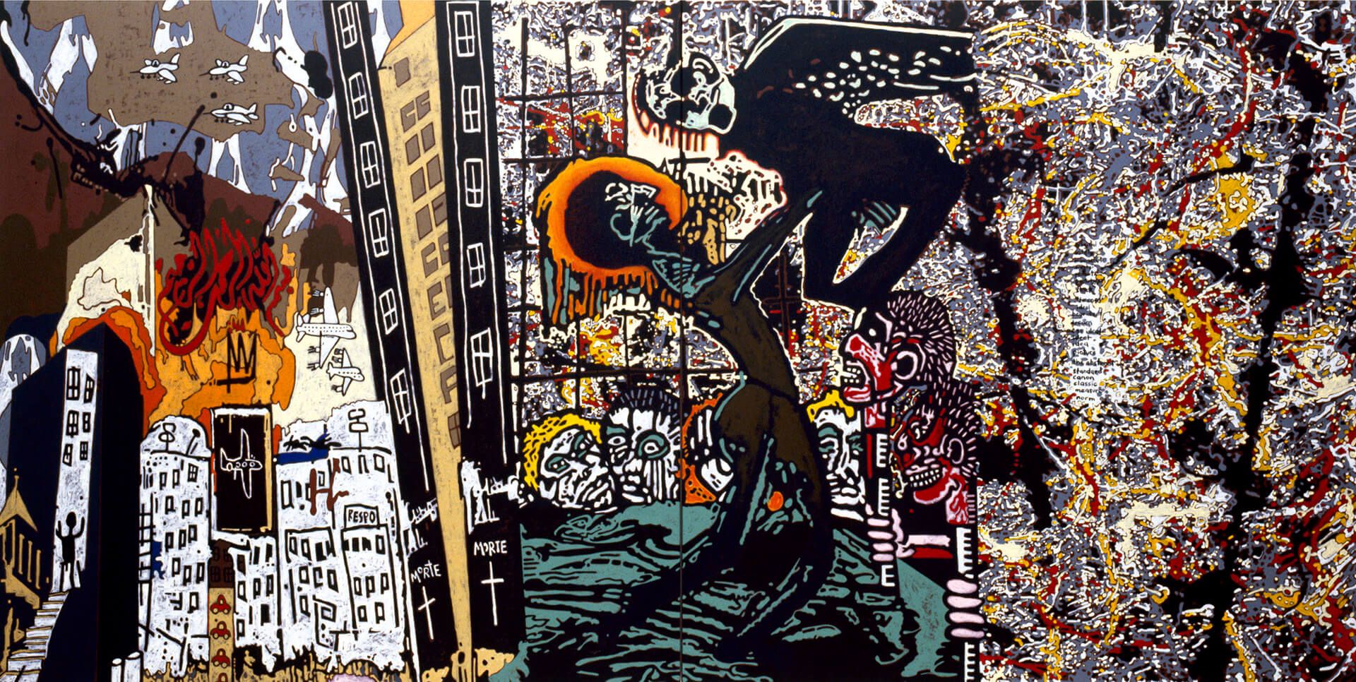 Gordon Bennett , Australia 1955-2014 / Notes to Basquiat (Jackson Pollock and His Other) 2001 / Synthetic polymer paint on linen / 2 panels: 152 x 152 cm each, 152 x 304 cm (overall) / Private Collection, Adelaide / © Estate of Gordon Bennett