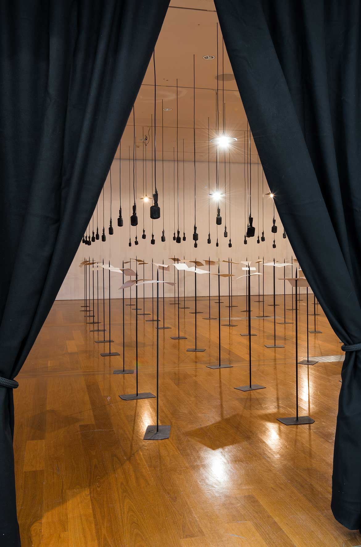 Shilpa Gupta, India b.1976 / For, In Your Tongue, I Can Not Fit 2017–18 / Site-specific sound installation with 100 speakers, microphones, printed text and metal stands / Co-commissioned by Yarat Contemporary Art Space, Baku and Edinburgh Arts Festival with additional support from QAGOMA / © Shilpa Gupta / Courtesy: The artist and Galleria Continua (San Gimignano, Beijing, Les Moulins, Habana)
