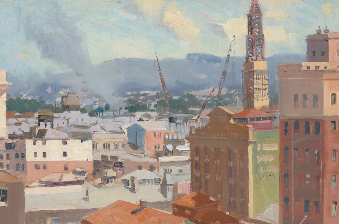 William Bustard, England/Australia 1894-1973 / Brisbane townscape (detail) 1928 / Oil on board / 30.7 x 39.4cm / Purchased 2018 with funds from Alan and Jan Rees through the Queensland Art Gallery | Gallery of Modern Art Foundation / Collection: Queensland Art Gallery | Gallery of Modern Art / © William Bustard Estate