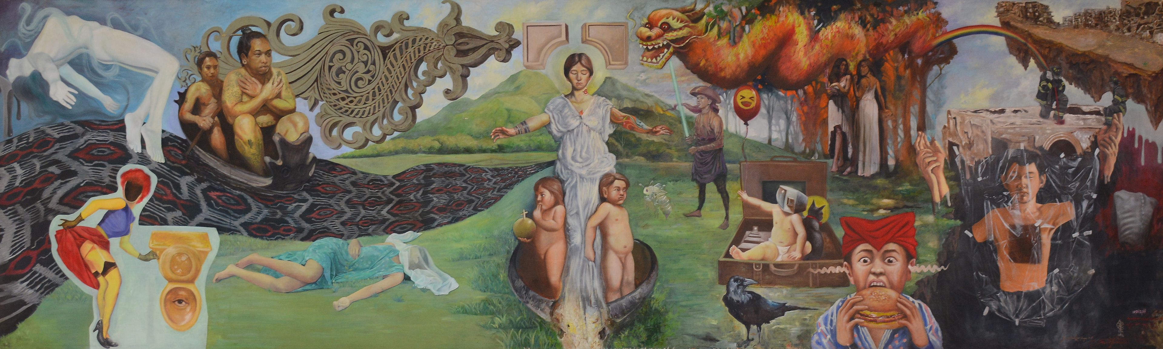 PIGURAS DAVAO / The Philippines, est. 2016 / Live and work in Davao City, The Philippines / Raymund Ric Bisna b.1983 / Venerando (Rey) Bollozos b.1967 / Bryan Cabrera b.1980 / King Nelson Duyan b.1994 / Alfred Galvez b.1967 / Dominic Pilapil b.1990 / Rene Pilapil b.1959 / Mark Tolentino b.1984 / Dominic Turno b.1987 / Kim Vale b.1992 / The Silent Witness 2019 / Oil on canvas / Courtesy and © The artists