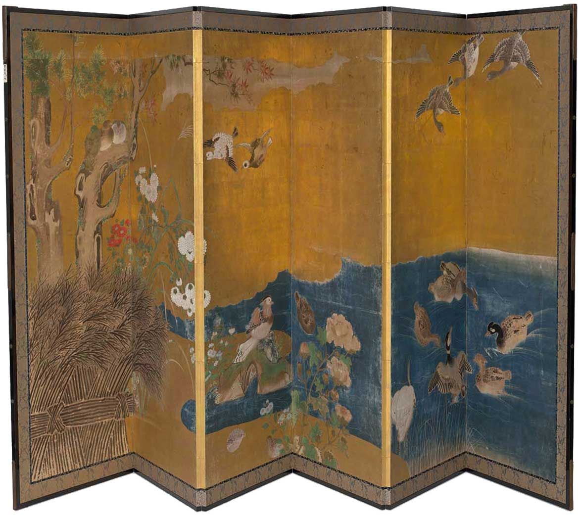 Kanō School, Japan / Pair of six-fold screens with birds and rabbits 17th century / Gold leaf, ink and colour on paper on wooden framed screens /168.5 x 358cm / Gift of James Fairfax AC through the Queensland Art Gallery | Gallery of Modern Art Foundation 2018 / Collection: Queensland Art Gallery | Gallery of Modern Art