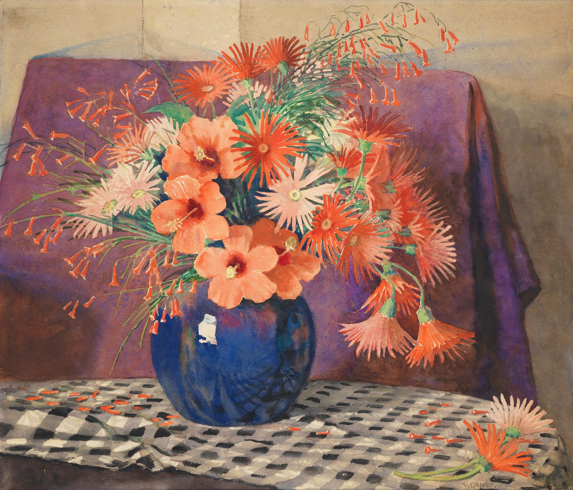 Vida Lahey, Queensland Australia 1882–1968 / Hibiscus, gerbera and russelia 1936 / Watercolour over pencil on wove paper / 61 x 71.2cm / Gift of the Godfrey Rivers Trust 1937 / Collection: Queensland Art Gallery | Gallery of Modern Art / © QAGOMA