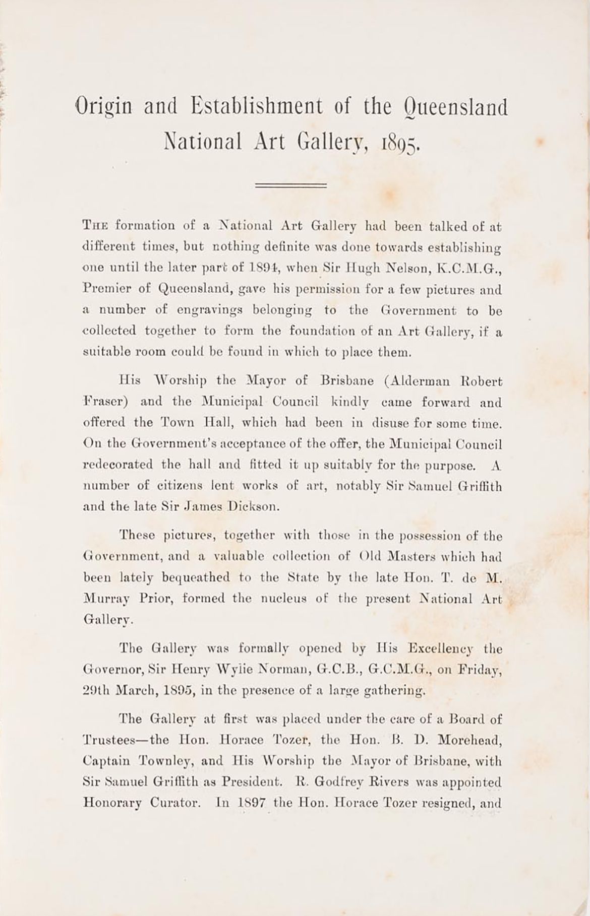 Origin and Establishment of the Queensland National Art Gallery, 1895 / Collection: QAGOMA Research Library