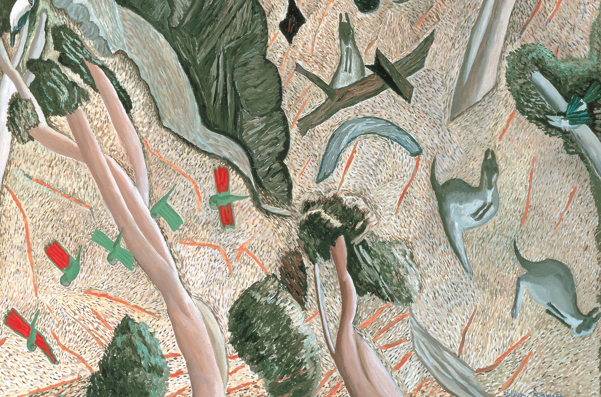 William Robinson, Queensland Australia 1936–2025 / William and Shirley, flora and fauna (detail) 1985 / Oil on canvas / 126 x 187cm / Purchased 1985 / Queensland Art Gallery | Gallery of Modern Art / © QAGOMA