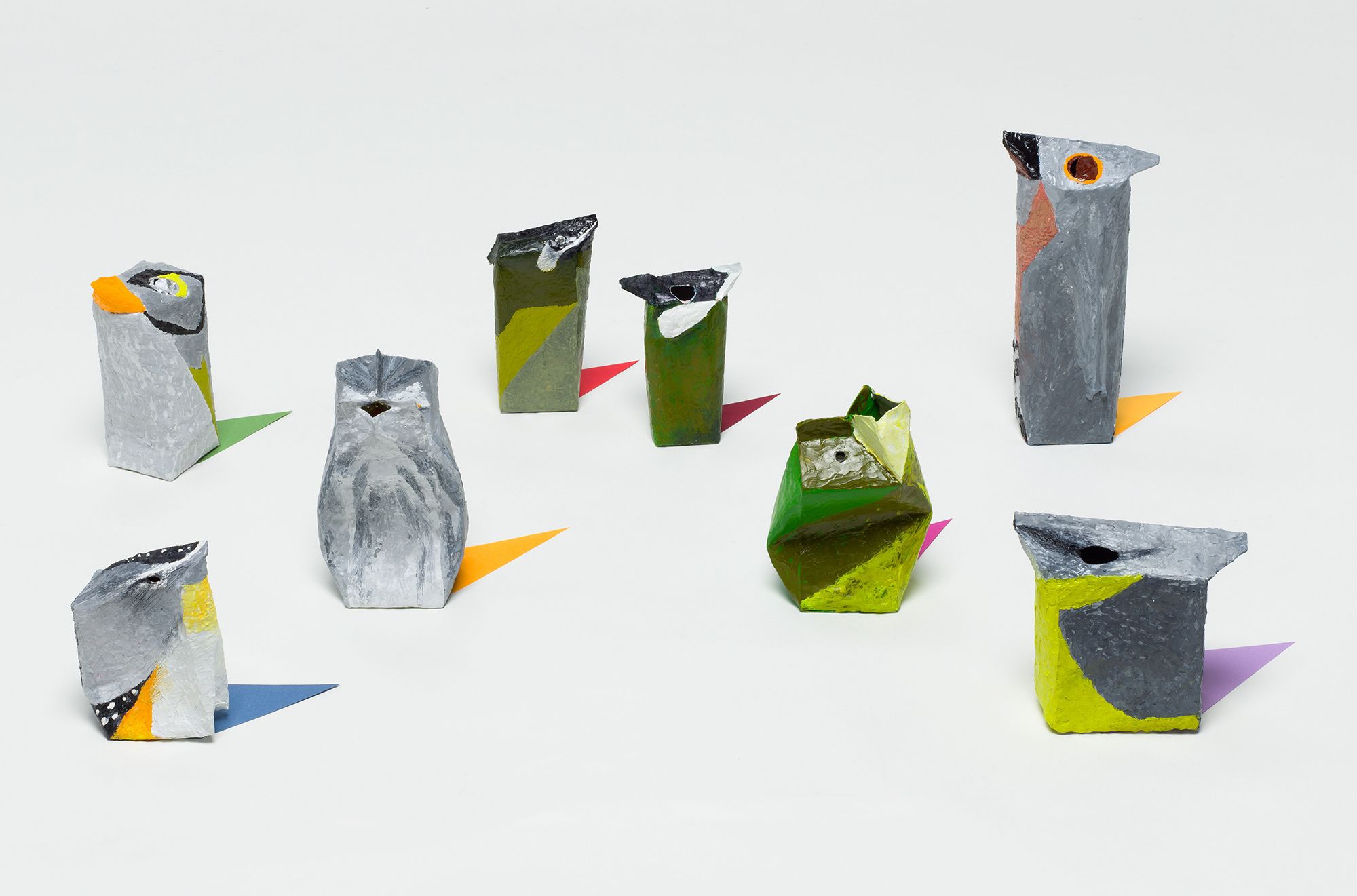 Madeleine Kelly, Germany/Australia b.1977 / Spectra of birds 2014-15 / Encaustic on cardboard with paper and text / 40 parts ranging from 8 x 11 x 11cm to 27 x 9 x 9cm / Purchased 2015 with funds from the Josephine Ulrick and Win Schubert Diversity Foundation through the QAGOMA Foundation / Collection: Queensland Art Gallery | Gallery of Modern Art / © Madeleine Kelly/Copyright Agency