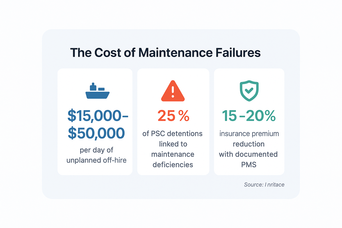 Three stat callouts showing the cost impact of maintenance: 15,000 to 50,000 dollars per day of unplanned off-hire, 25 percent of port state control detentions linked to maintenance deficiencies, and 15 to 20 percent insurance premium reduction with documented planned maintenance.