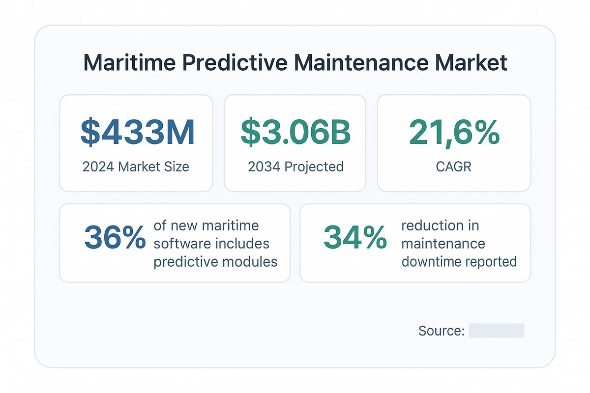 Maritime predictive maintenance market statistics showing growth from $433 million in 2024 to $3.06 billion projected by 2034 at 21.6% CAGR