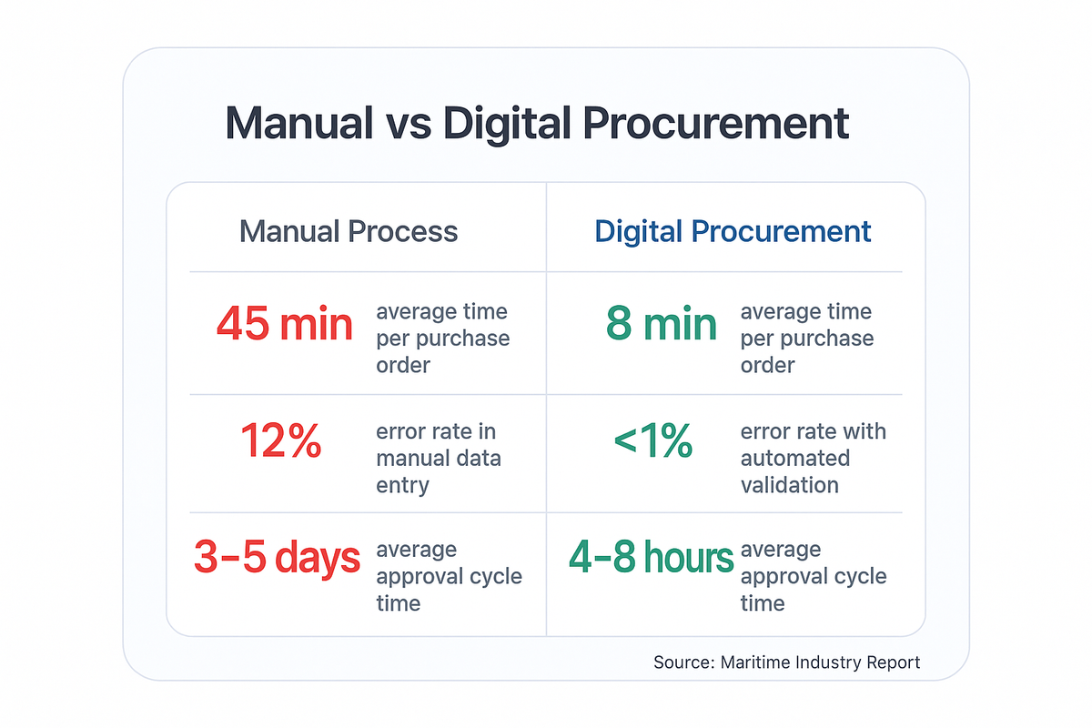 Comparison of manual versus digital procurement showing time per purchase order reduced from 45 minutes to 8 minutes, error rates from 12 percent to under 1 percent, and approval time from 3 to 5 days to 4 to 8 hours.