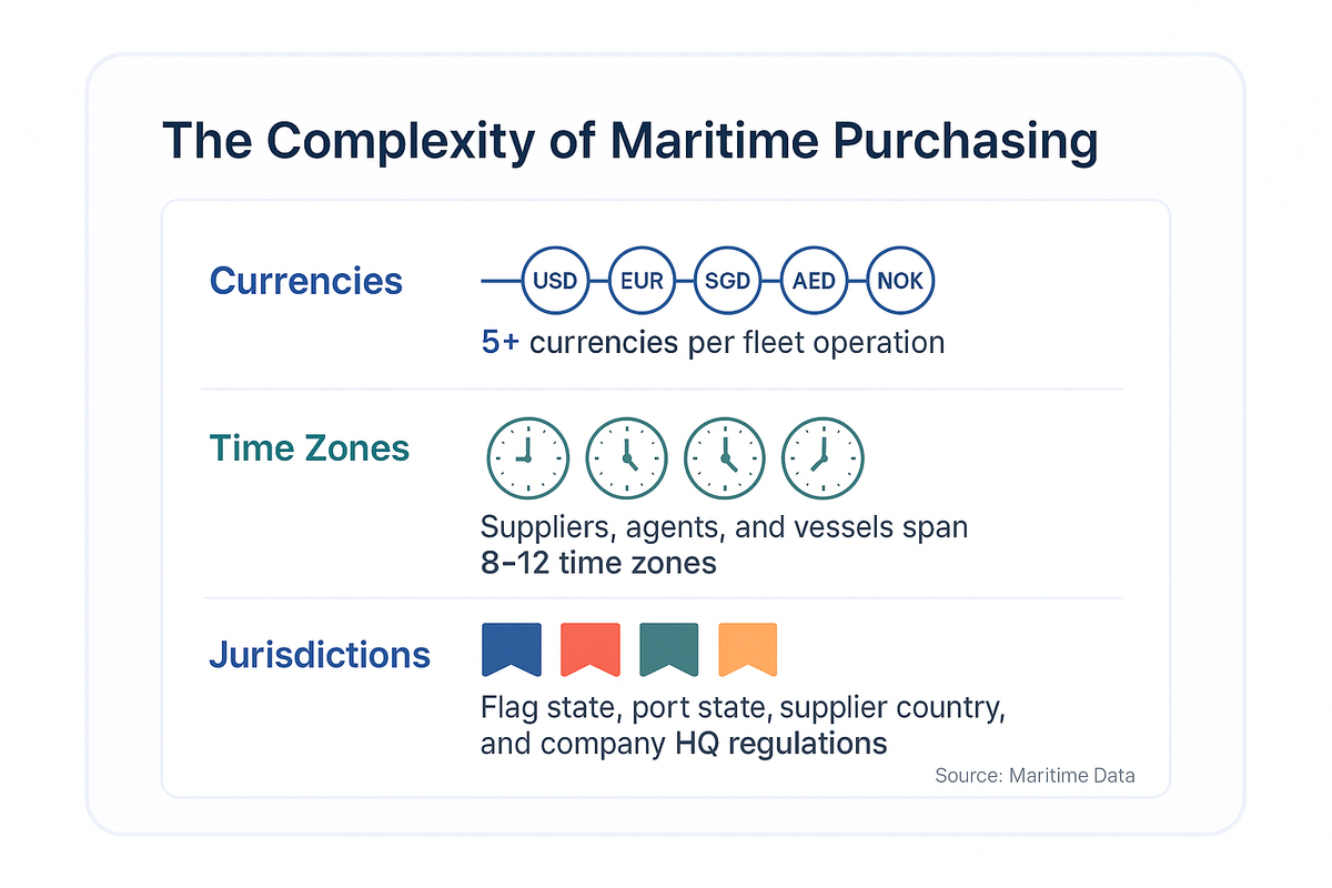 Diagram showing three dimensions of maritime procurement complexity: five or more currencies per operation, suppliers spanning eight to twelve time zones, and multiple jurisdictional requirements.