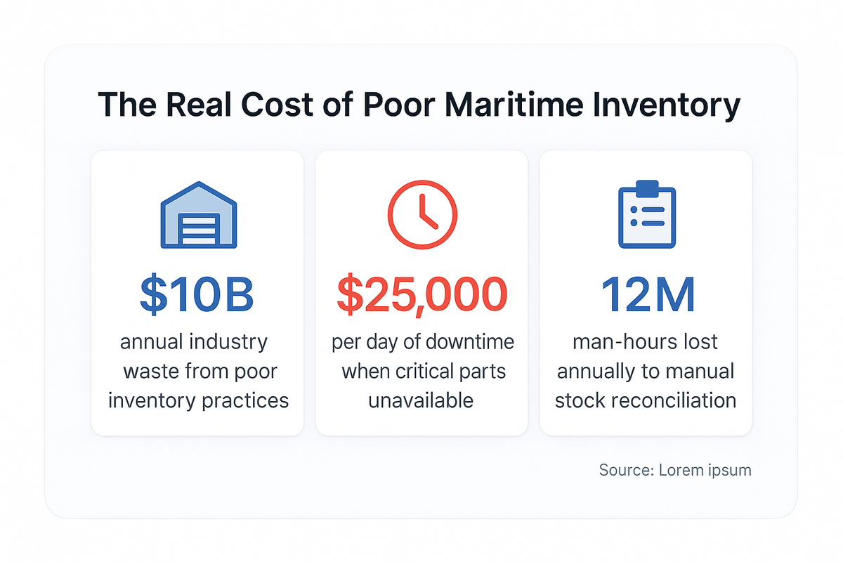 Three stat callouts showing inventory management costs: 10 billion dollars annual industry waste, 25,000 dollars per day of downtime from missing parts, and 12 million man-hours lost to manual reconciliation.
