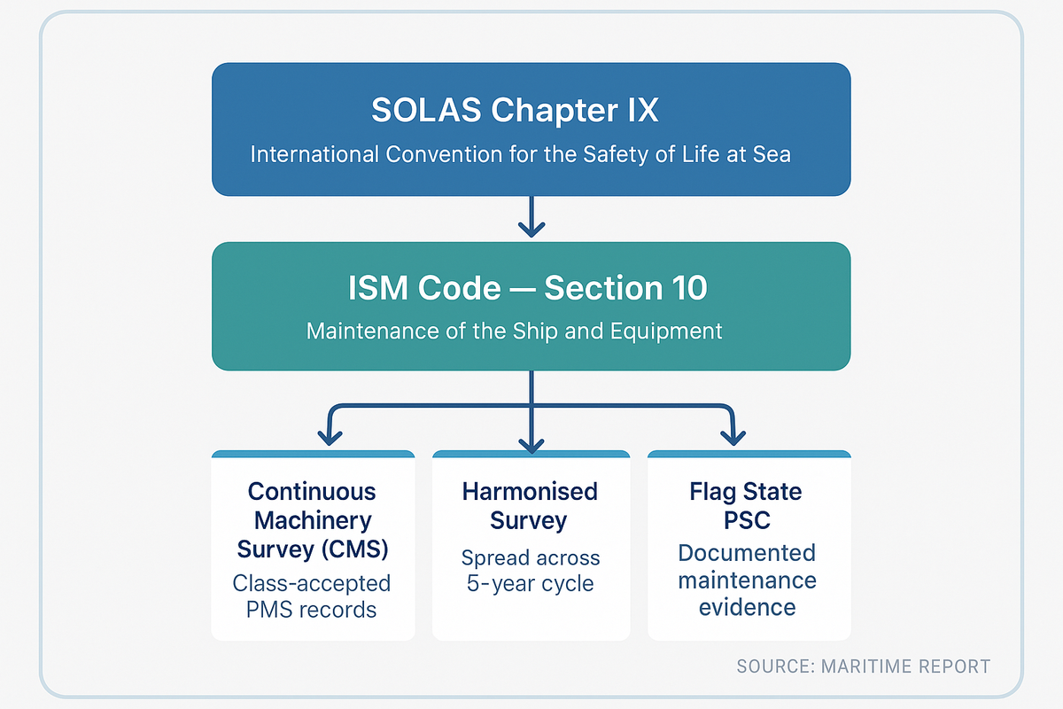 Cascade diagram showing how maritime maintenance regulations flow from SOLAS Chapter IX through ISM Code Section 10 down to Continuous Machinery Survey, Harmonised Survey, and Flag State port state control requirements.