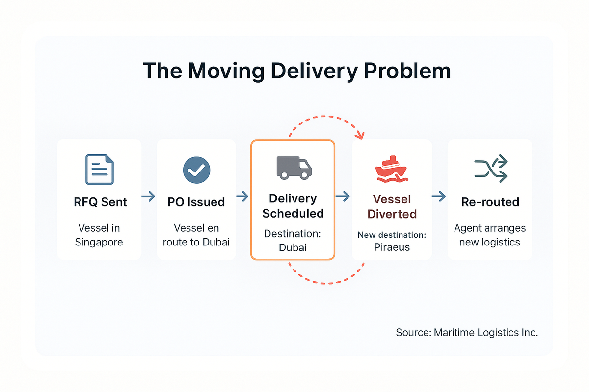 Process flow diagram showing how maritime procurement deliveries are disrupted when a vessel changes route mid-order, requiring logistics to be re-routed from the original destination to a new port.