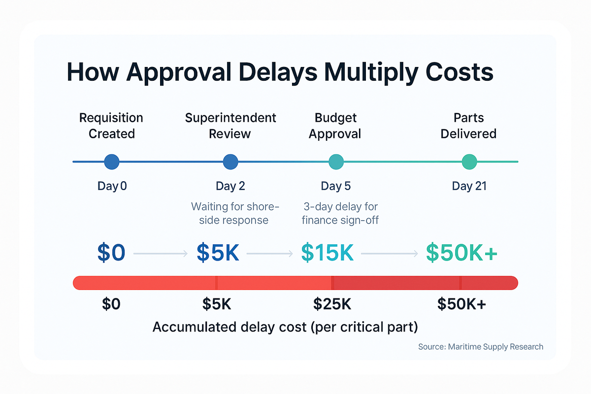 Timeline showing procurement approval delays from requisition to delivery over 21 days, with a cost accumulation bar showing how delays multiply from zero to over 50,000 dollars for critical parts.