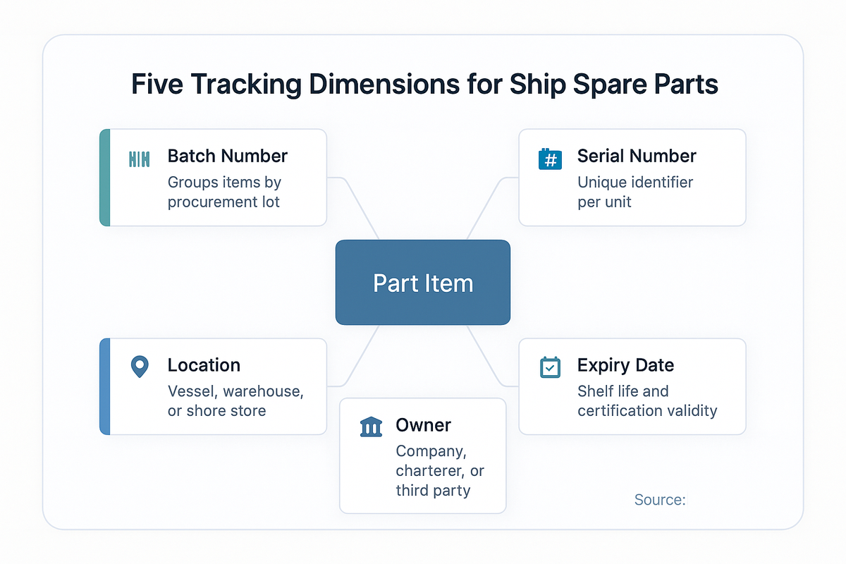 Diagram showing five tracking dimensions for maritime spare parts: batch number, serial number, location, owner, and expiry date, all connected to a central part item.