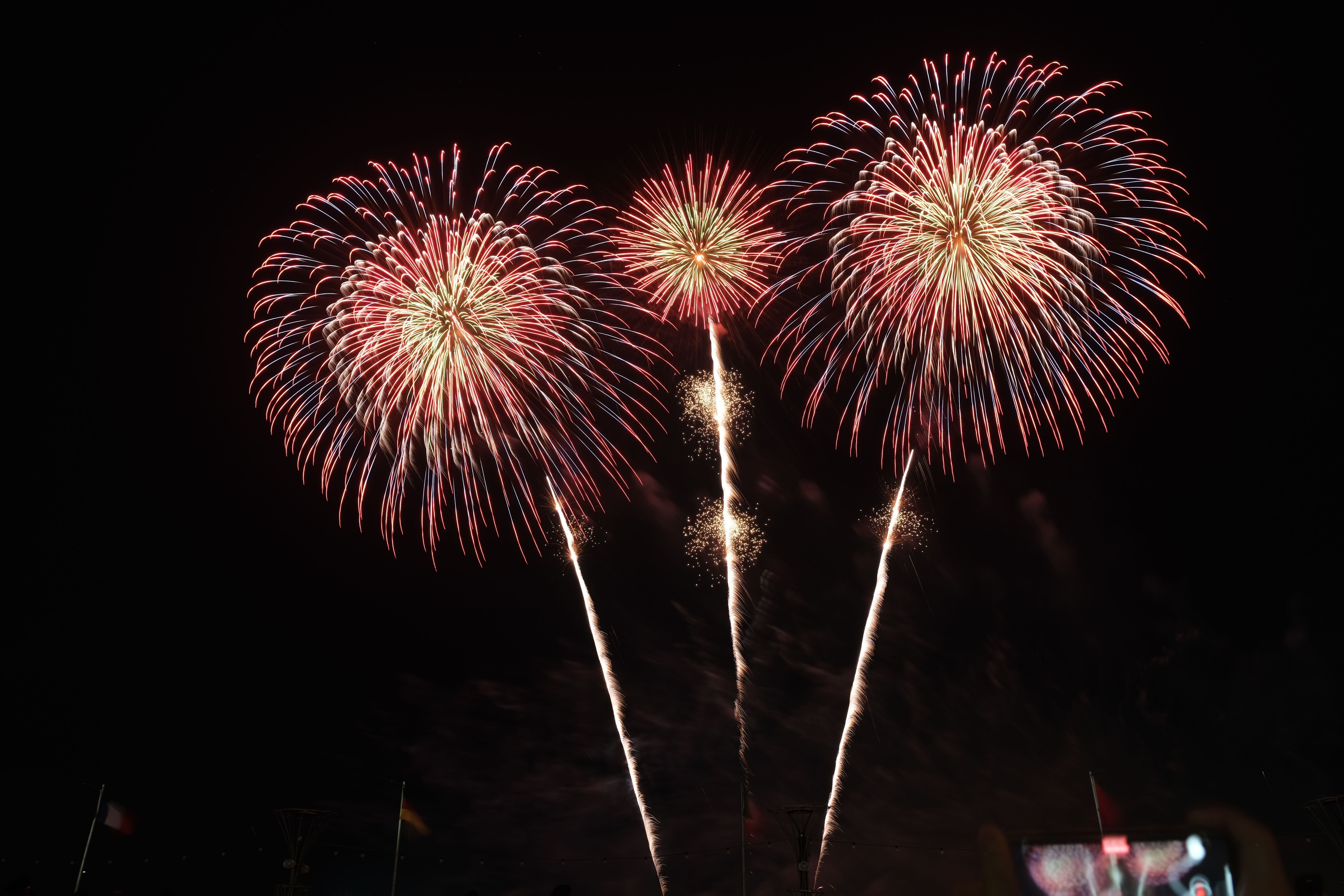 Red and gold fireworks bursting in a night sky over a Fourth of July celebration in California.