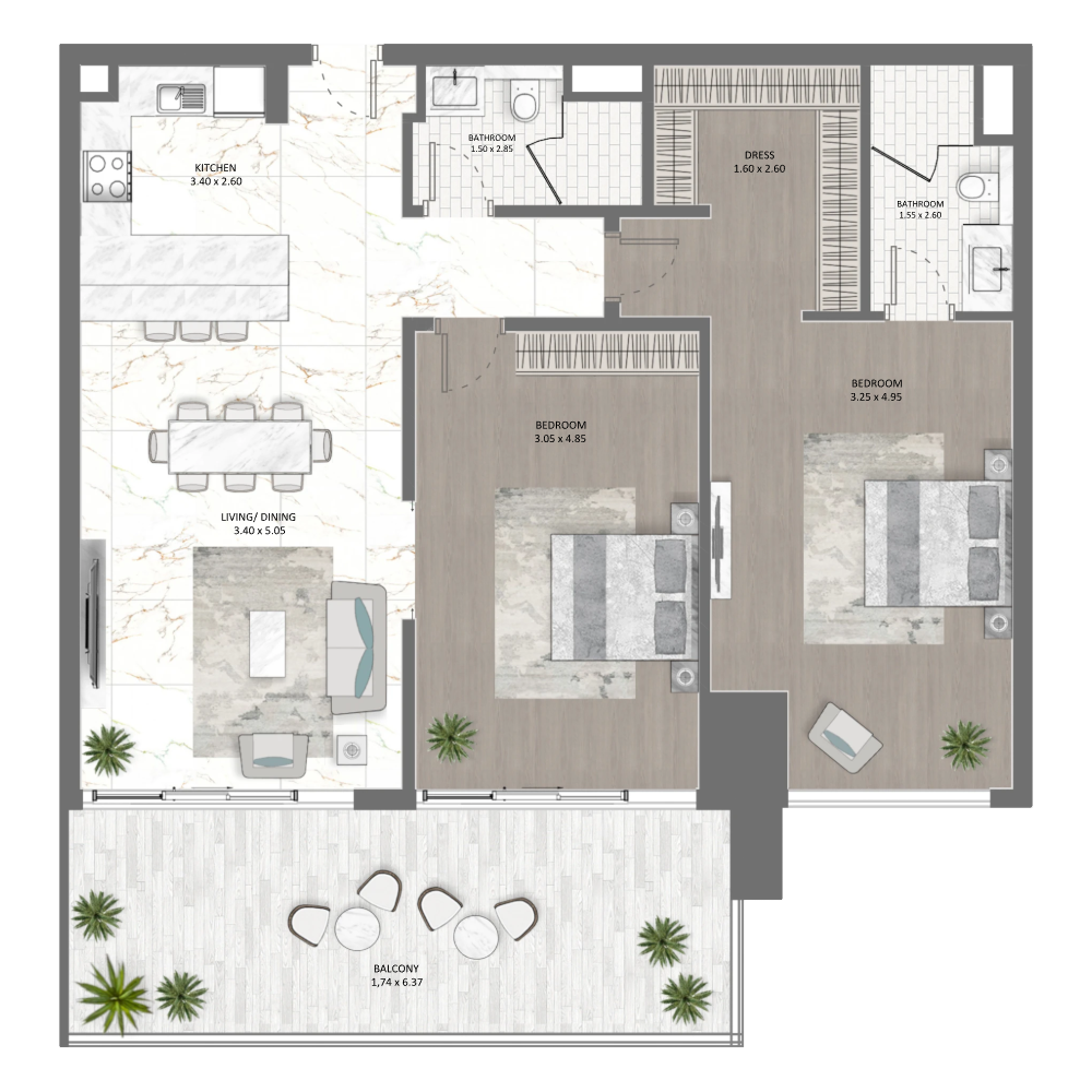 2BR Floor Plan - جولف جيت 2