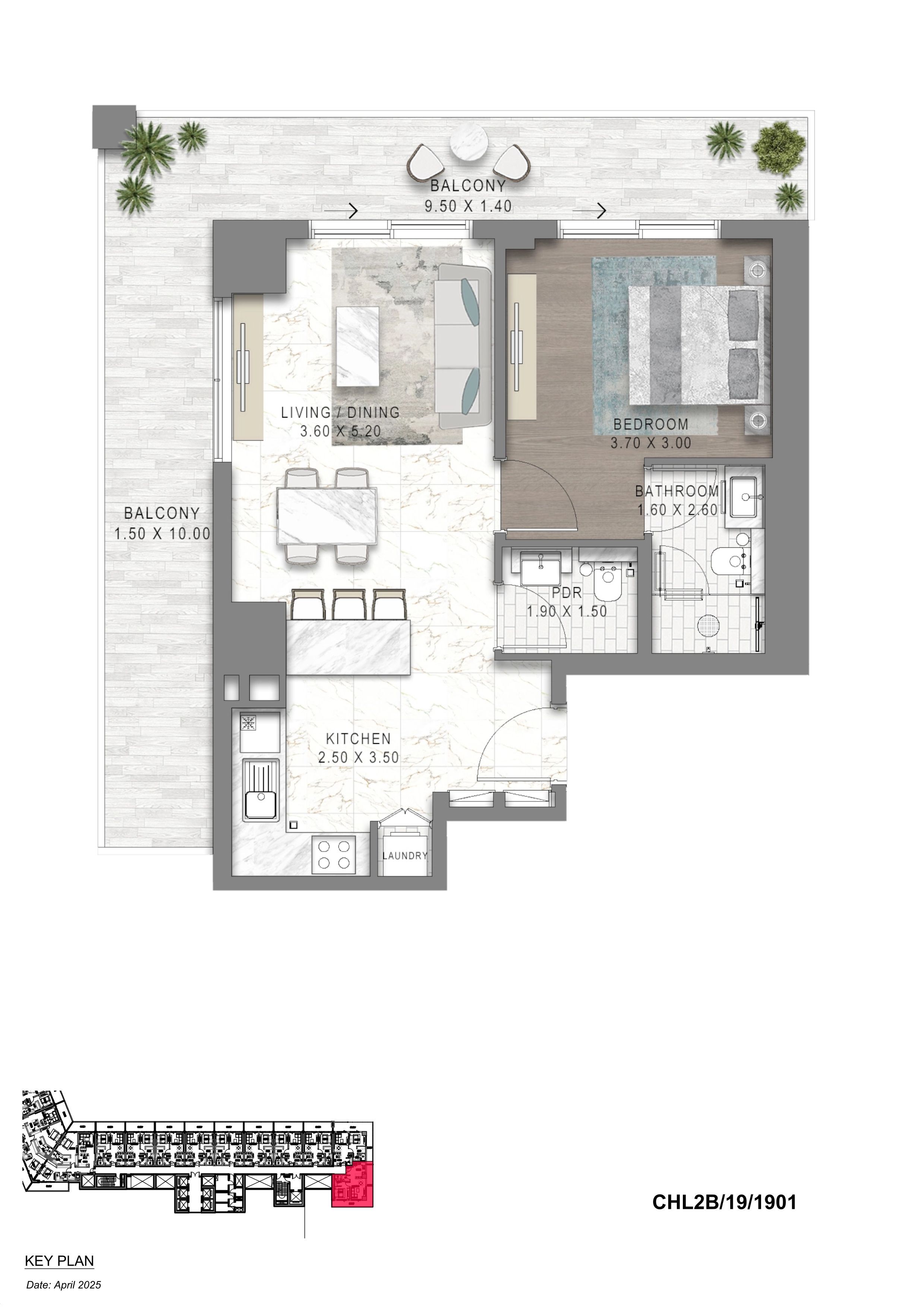 1BR Floor Plan - تشيلسي ريزيدنس من داماك