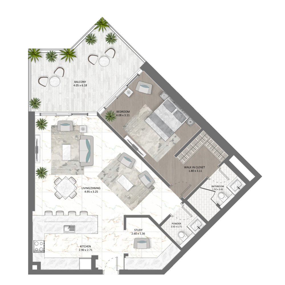 1BR Floor Plan - Golf Greens by DAMAC