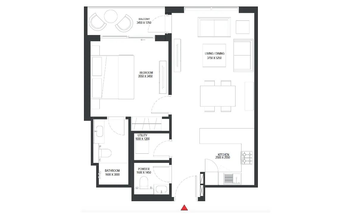 1BR Floor Plan - شوبا ون