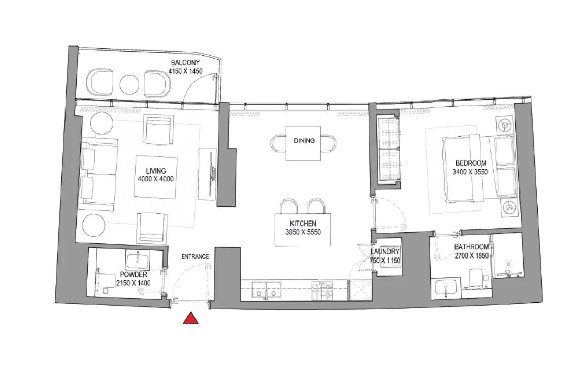 1BR Floor Plan - شوبا سي هيفن