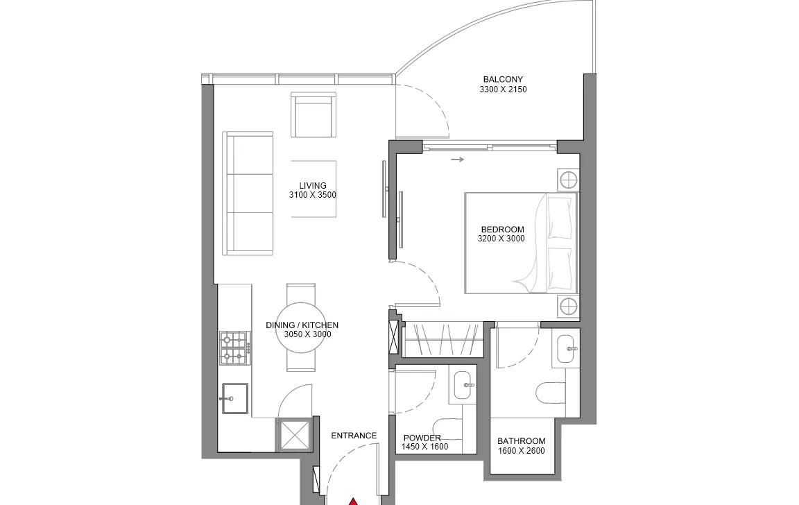 1BR Floor Plan - Sobha Aquamont