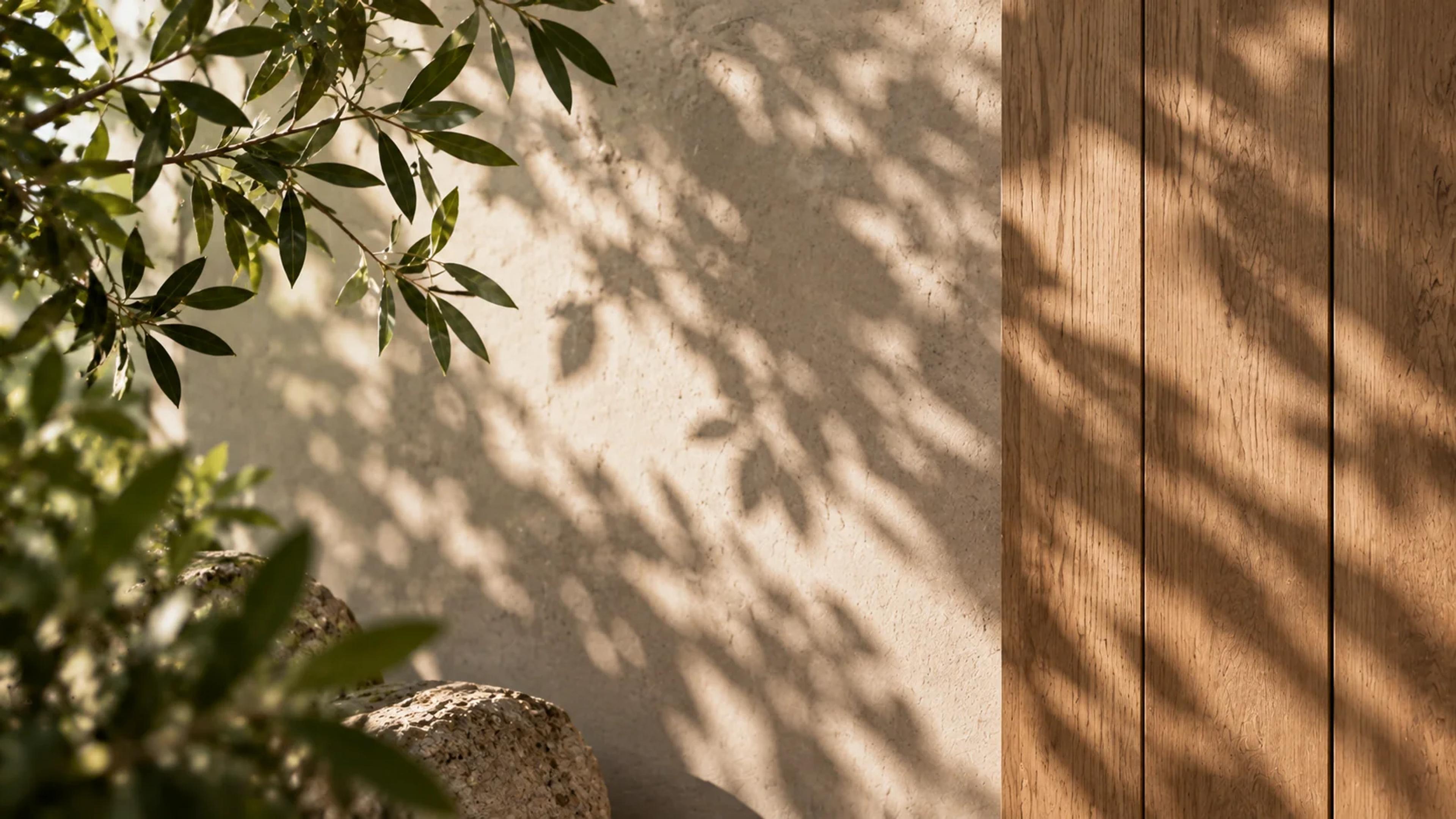 Timber and stone in the showroom, leaf shadow across both