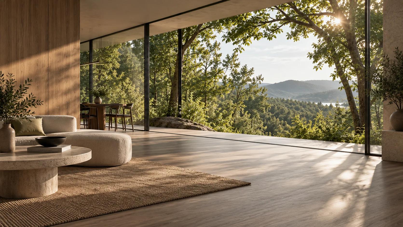 A room finished in oak, opening onto the valley