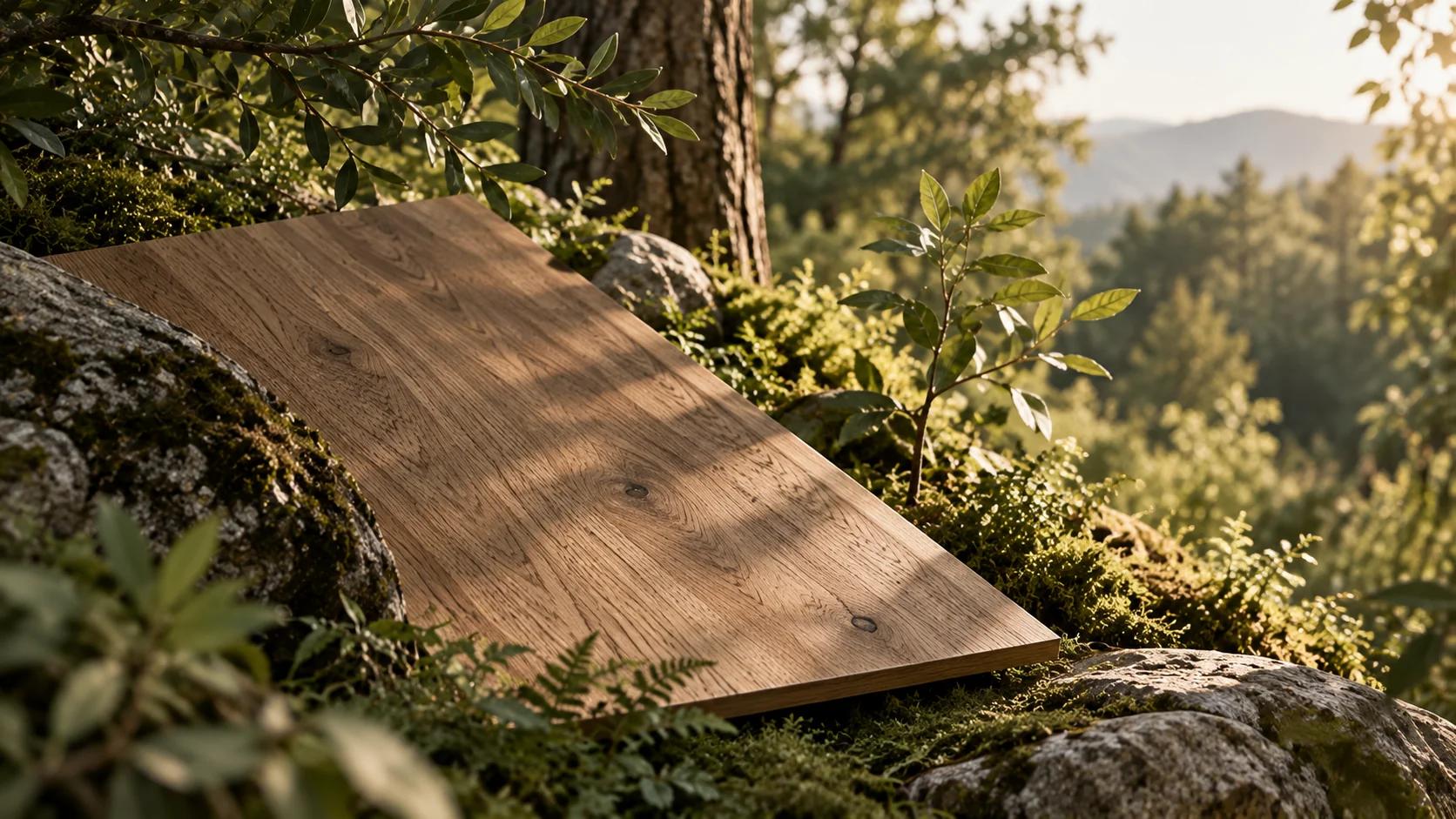 A finished board leaning on rock at the forest edge