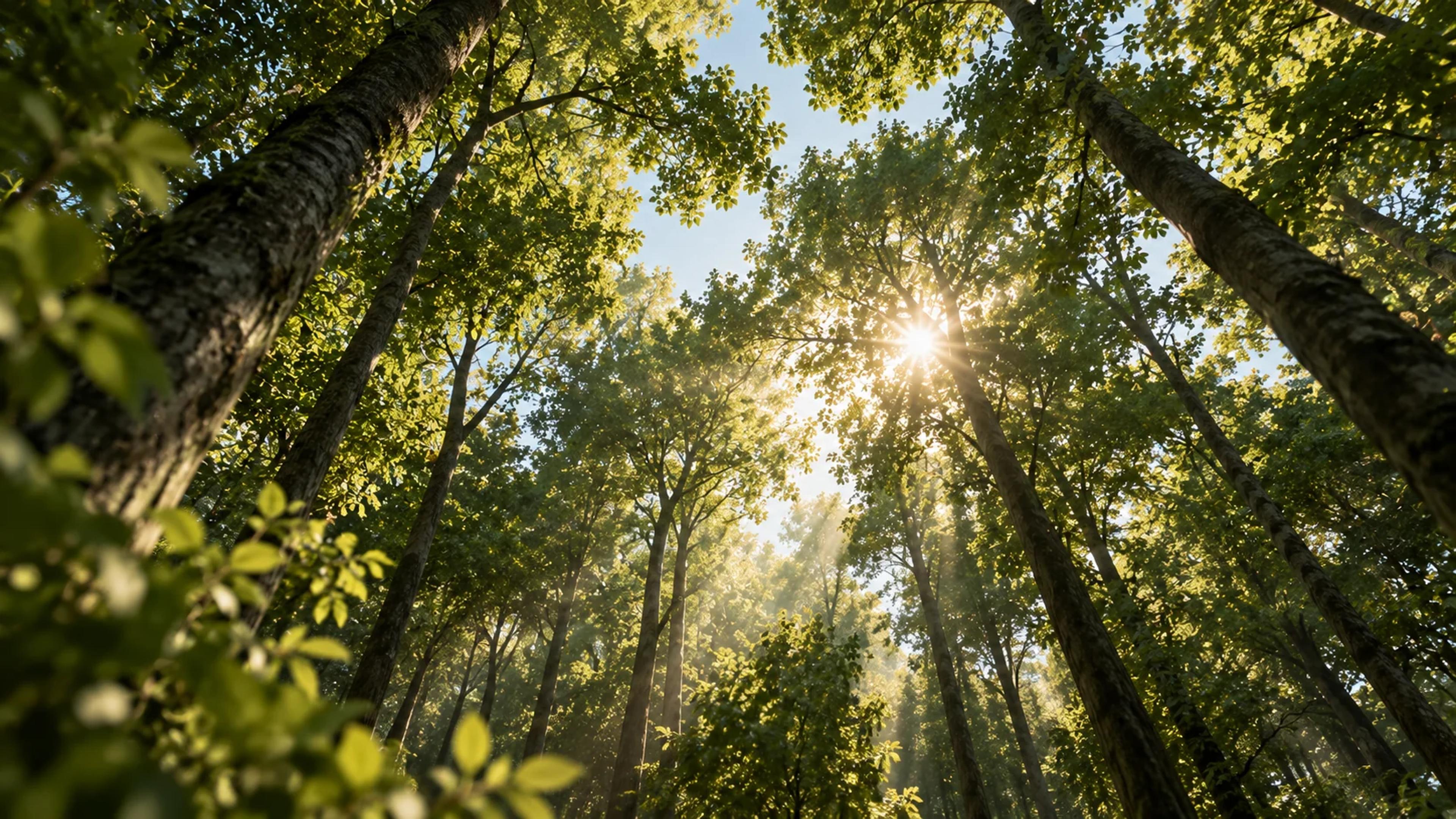 Looking up through a stand of trees into the sun