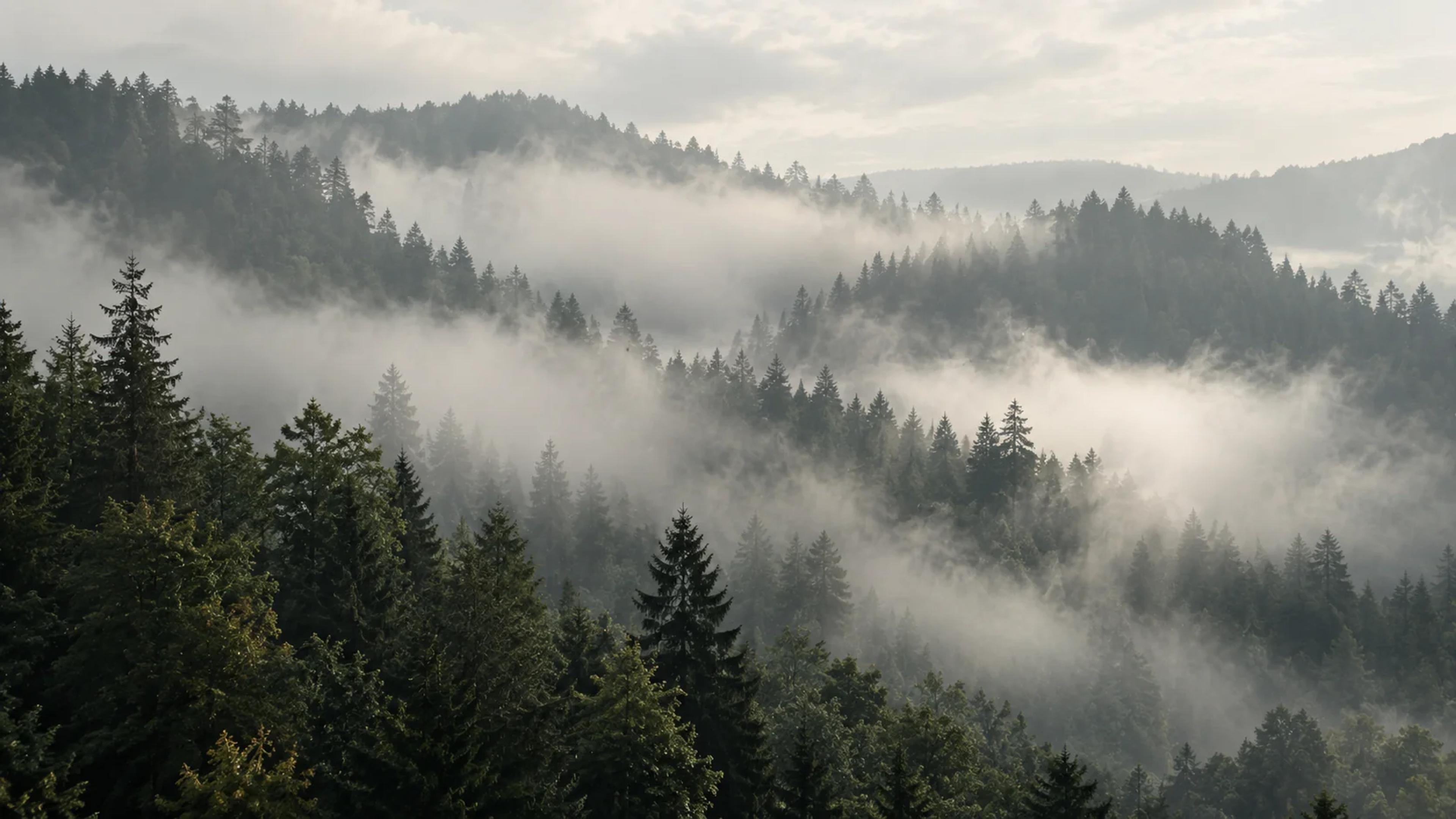 Forest ridges under morning mist