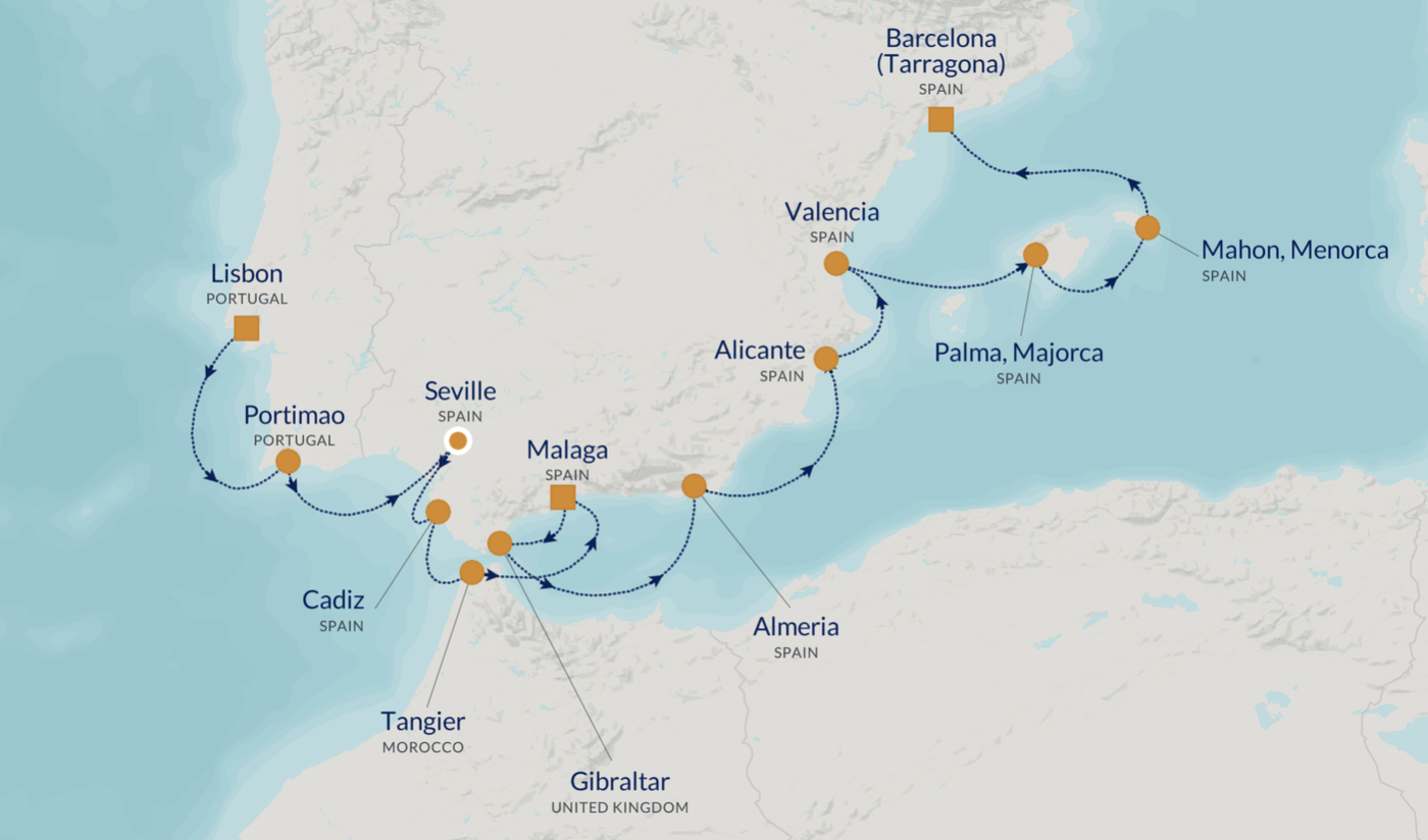 Cruise map from Lisbon to Barcelona