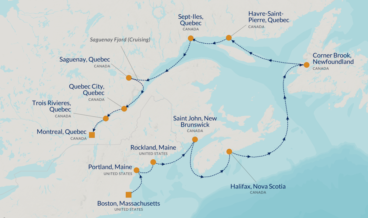 Cruise route map from Boston through Maine and Eastern Canada to Montreal, with stops in Portland, Halifax, Saguenay, and Quebec City