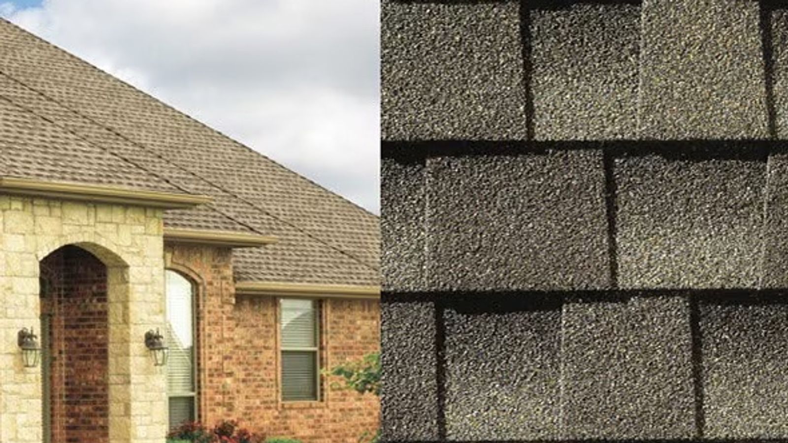 Maple Grove home with an architectural asphalt shingle roof shown alongside a close-up view of dimensional roofing shingles.
