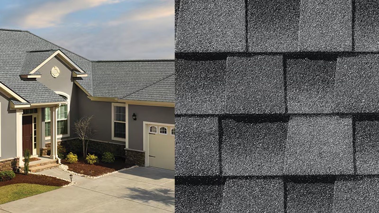 Architectural asphalt shingle roof installation shown on a residential home alongside a close-up view of dimensional roofing shingles.