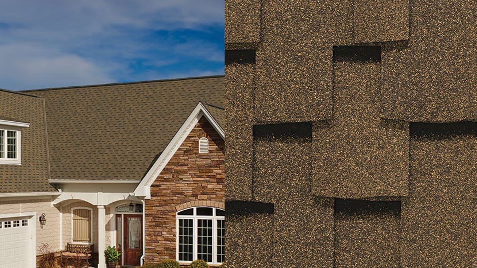 Eden Prairie home with an architectural asphalt shingle roof shown alongside a close-up view of dimensional roofing shingles.