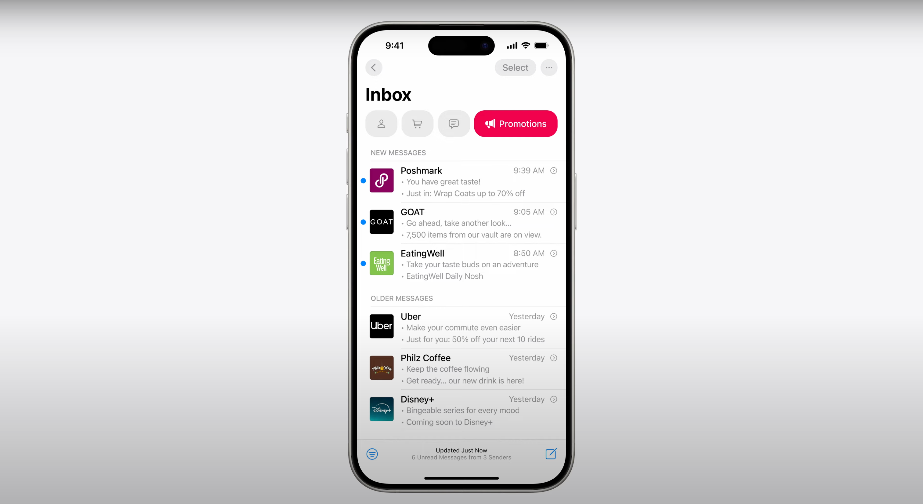 Screenshot of mail categorisation in iOS 18