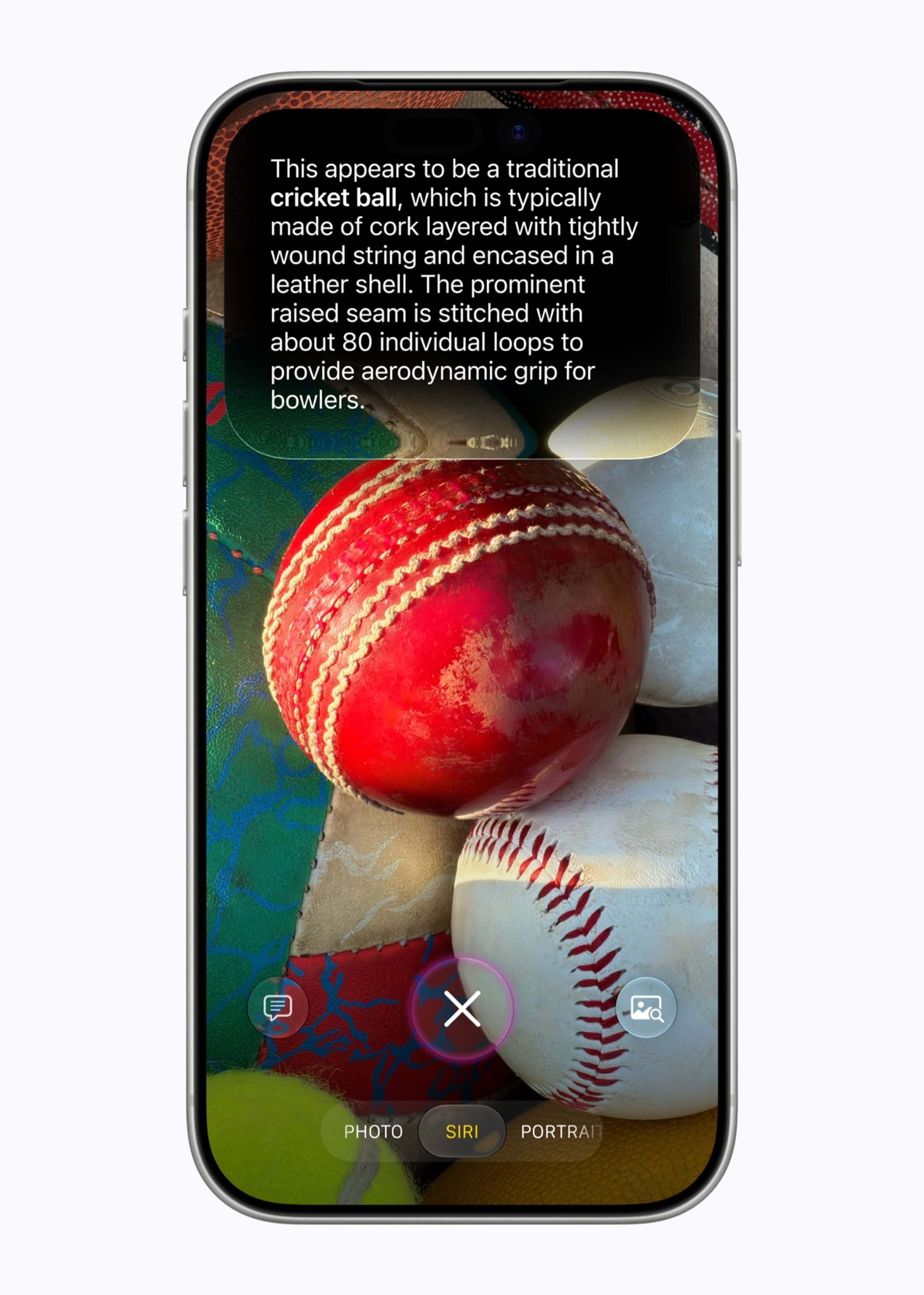 Siri AI on iPhone identifying a cricket ball through the Camera and describing it on screen