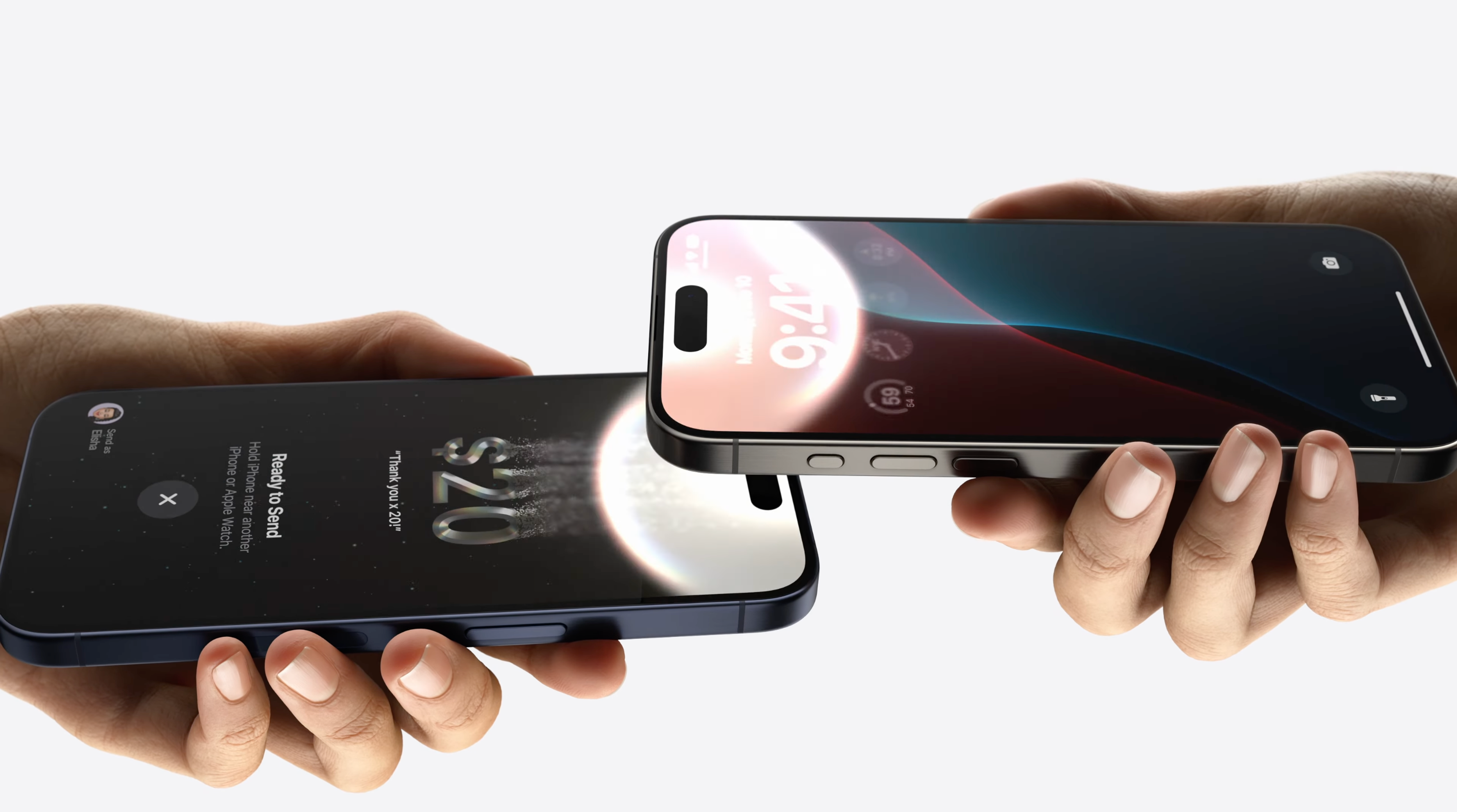 Two people using Tap to Cash feature on iOS 18