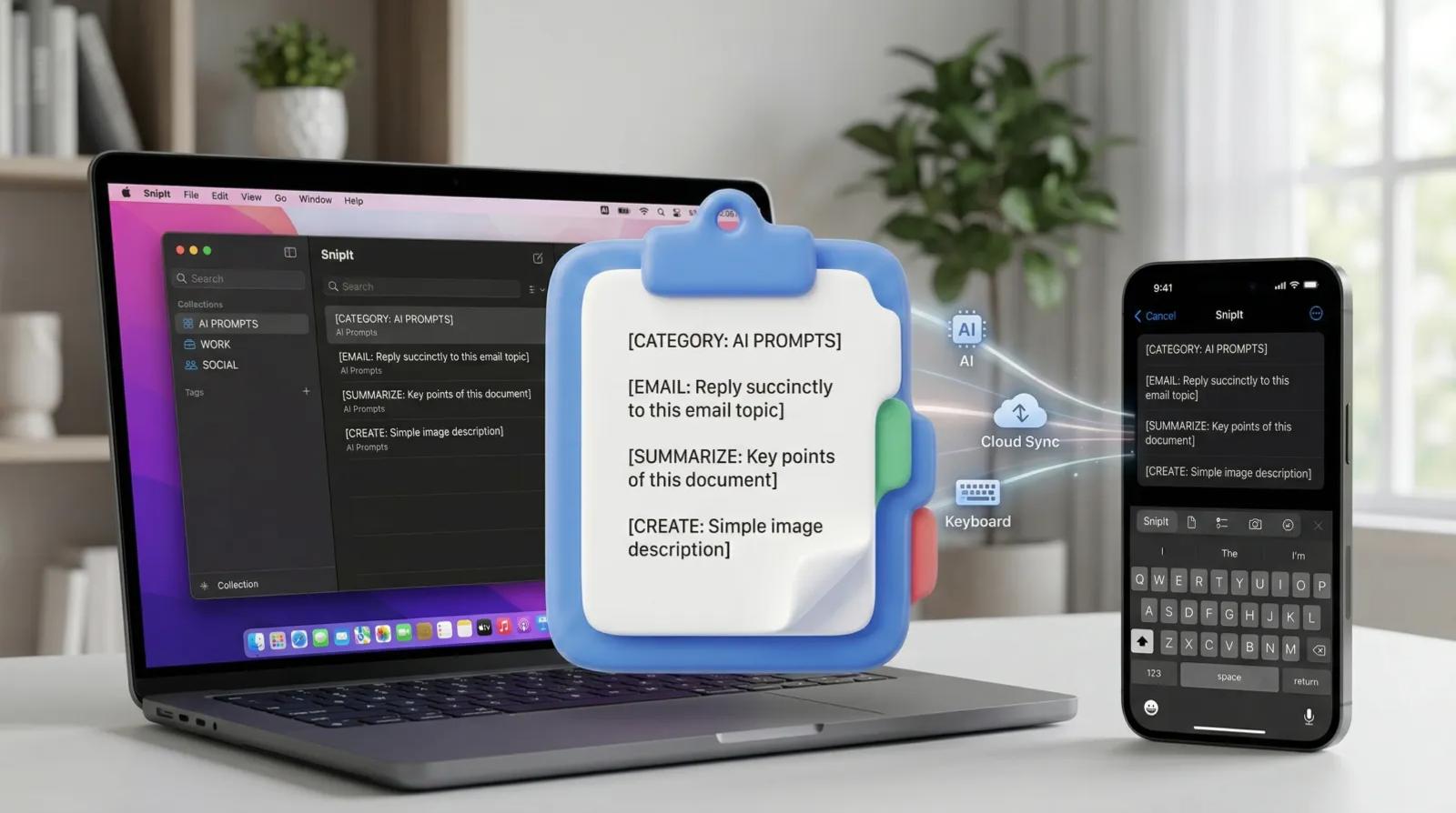 Macで登録したAIプロンプトをiPhoneキーボードから呼び出す流れを表現した記事カバー画像