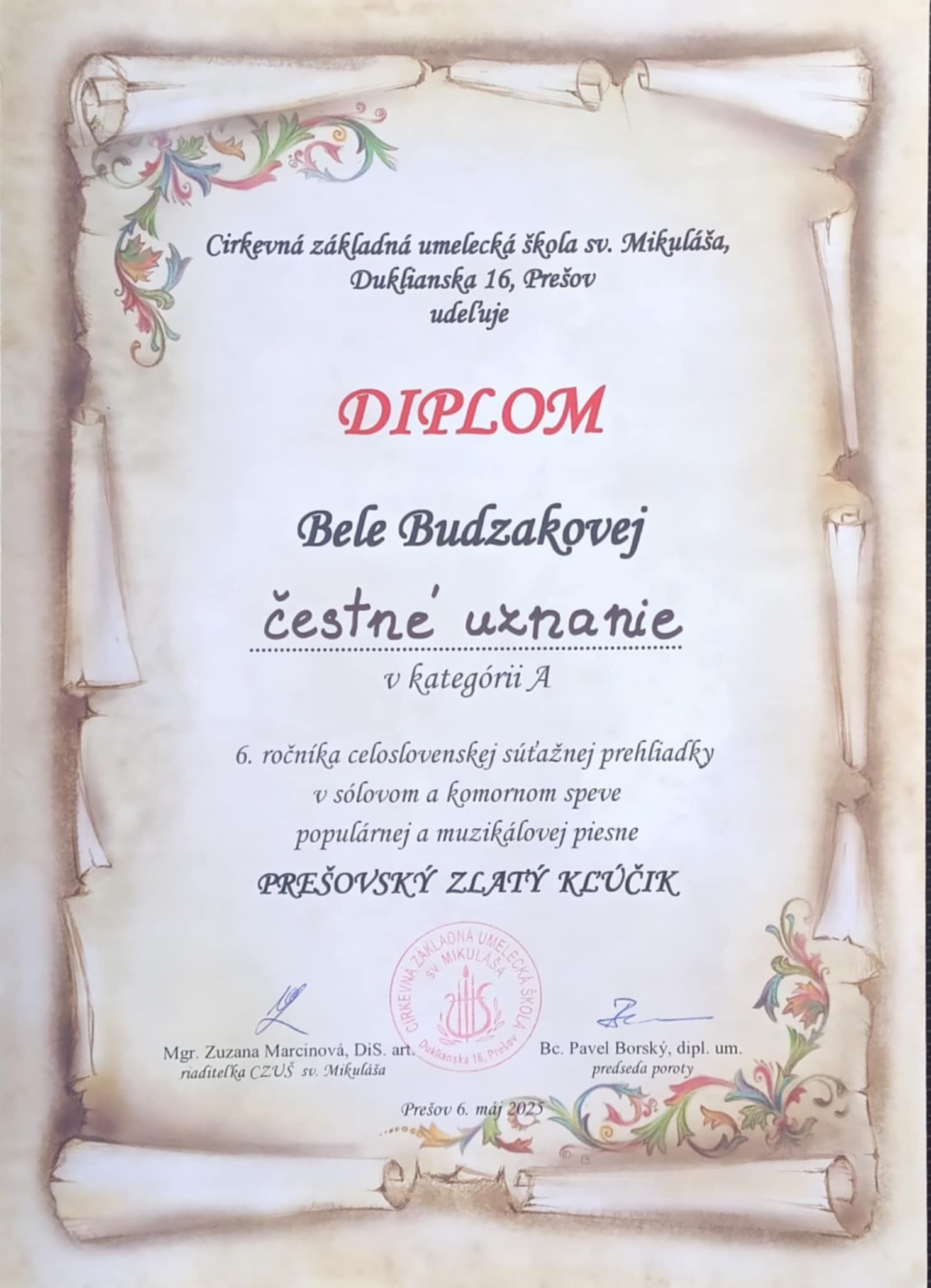 Prešovský zlatý kľúčik, Celoslovenská súťaž v sólovom a komornom speve v Prešove 5. - 6.5. 2025